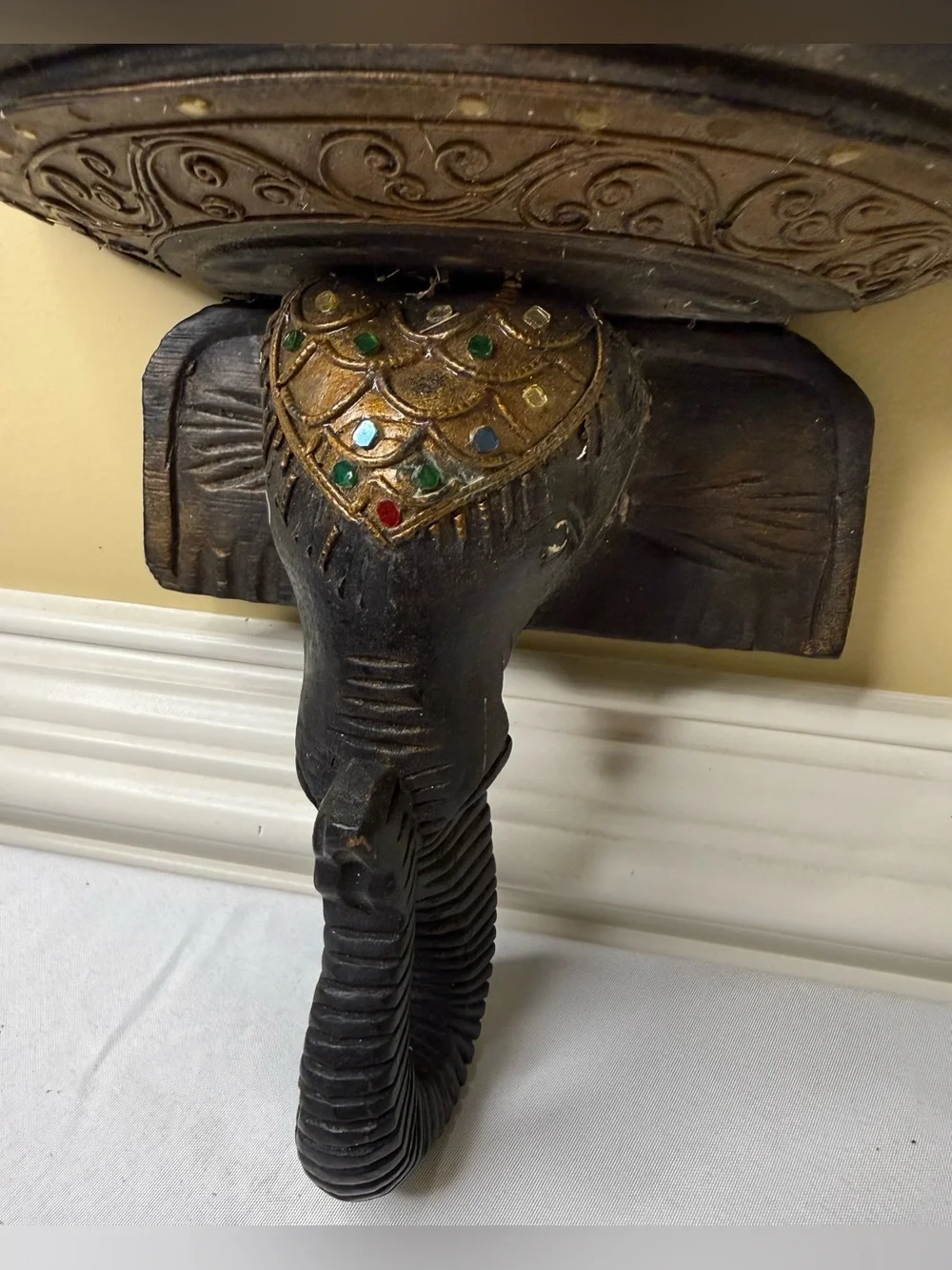 Vintage Carved Elephant Shelf with Embellishments